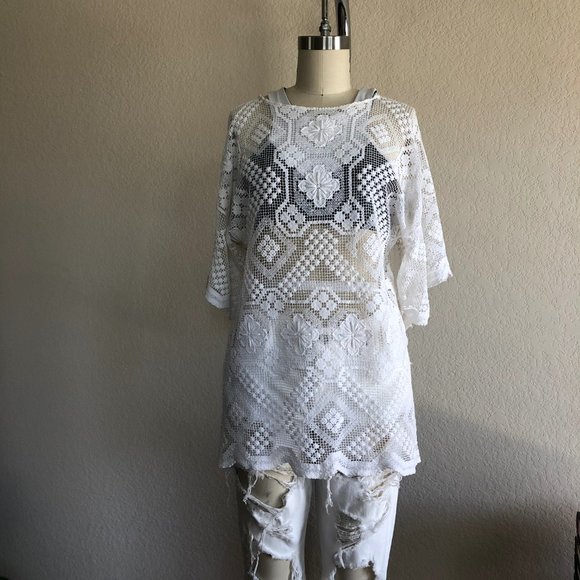 Place Nationale Tops - Place Nationale Knit Sheer Cover Up Tunic Short Sl